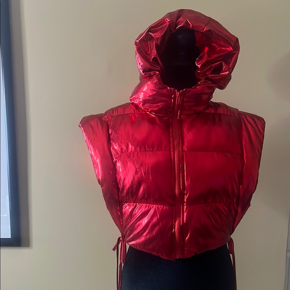 Shiny Red Puffer Vest with Hood